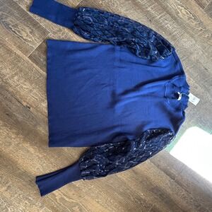 Cato Plus Sportswear Blue Sequin Puff Sleeve Ribbed‎ Mock Neck Sweater 26/28 NEW